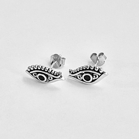 Sterling Silver Egyptian Eye Earrings with Black CZ, Religious Earring, Evil Eye - Picture 8 of 12